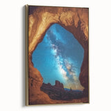 Framed landscape canvas showcasing a stunning view of canyons in warm gold tones, ideal for home decor, adding a touch of elegance and nature-inspired beauty.