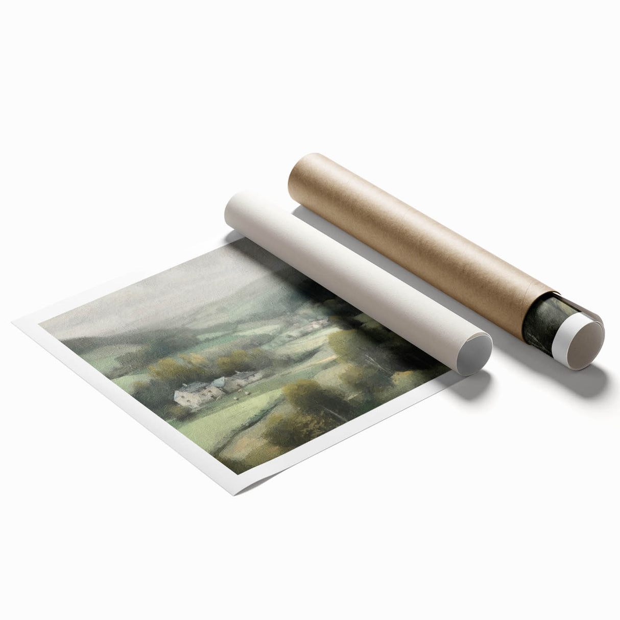Landscape wall art print showcasing a serene countryside scene with rolling hills and a vibrant sunset, elegantly rolled for easy framing and display.