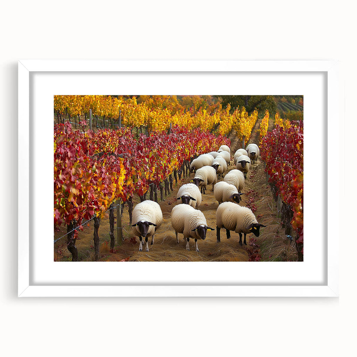 Framed countryside landscape artwork with a white mat, showcasing rolling hills and vibrant greenery, perfect for home decor or office enhancement. The elegant design adds a serene touch to any space.