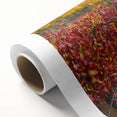 Rolled canvas artwork showcasing a serene countryside landscape with vibrant colors and soft brush strokes, elegantly packaged in a protective cardboard tube. Ideal for home decor enthusiasts seeking a tranquil ambiance.