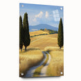 Acrylic glass art featuring a vibrant landscape design with fields and hills, displayed from a side view, showcasing its sleek edges and pin mounts for easy wall installation.