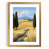 Elegant gold-framed landscape art featuring a serene field scene, matted for added depth and sophistication, perfect for enhancing home decor.