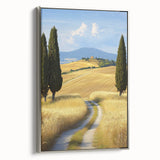 Framed canvas artwork depicting a serene landscape of fields, featuring vibrant green and gold hues, presented in a sleek silver frame, ideal for home decor.