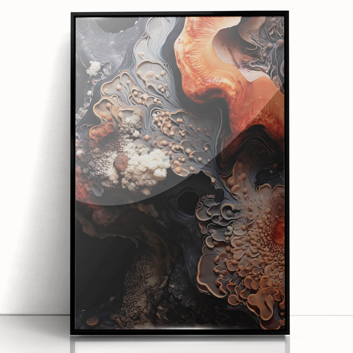 Large abstract wall art in black and white, framed in acrylic, featuring mid-century modernist elements.