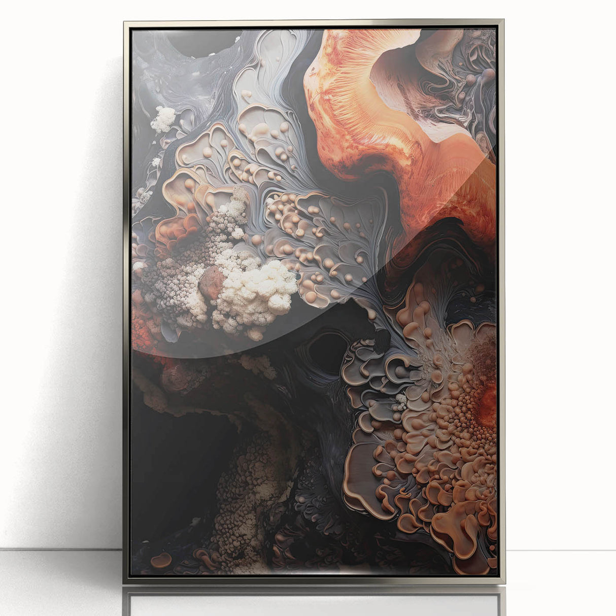 Mid-century modernist art featuring geometric shapes in silver and gray tones on framed acrylic.