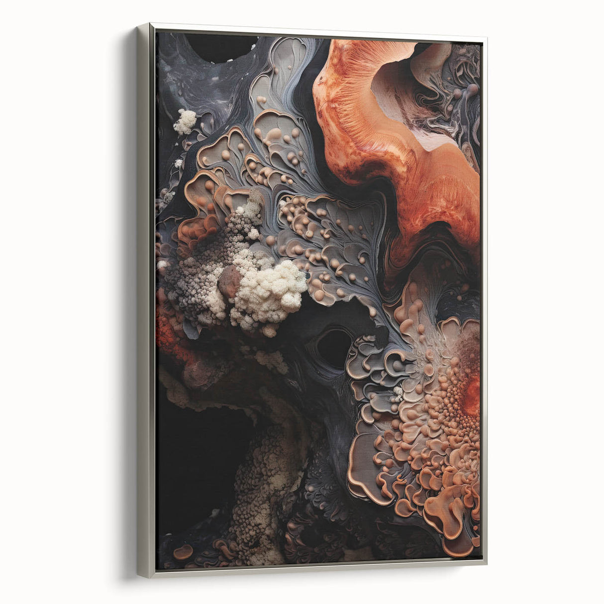 Landscape art painting on framed canvas featuring a silver side view with natural close-ups in muted earth tones.