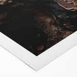 Art deco poster featuring geometric shapes in muted gold and black on rolled canvas, suitable for dining room walls.