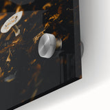 Large abstract wall art in warm autumn hues on acrylic glass, ideal for dining room ambiance.