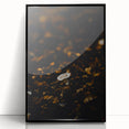 Large abstract wall art depicting fall colors on framed acrylic, in mid-century modernist style.