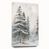 Large abstract wall art on acrylic glass depicting winter scene in muted blue and white tones.