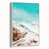 Vintage poster art of a colorful abstract design on a large white-framed canvas, ideal for living room decor.