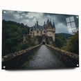 Acrylic glass artwork showcasing a vibrant landscape with a majestic castle, displayed in a sleek side view supported by pins, ideal for home decor enthusiasts.
