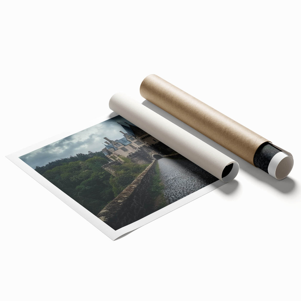 Rolled print of a vibrant landscape featuring a majestic castle surrounded by lush greenery, expertly designed for home decor. Perfect for art lovers seeking elegance.