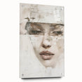 Abstract figurative wall art design displayed in a sleek acrylic glass frame, showcasing vibrant colors and dynamic shapes, ideal for modern home decor.