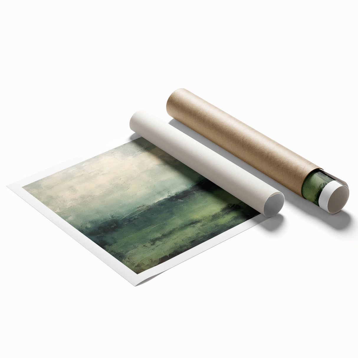 Abstract landscape wall art print showcasing vibrant hues of blue, orange, and green, designed for modern home decor, rolled and ready for framing or display.