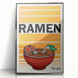 Mid-century modernist art depicting various food dishes in muted colors, framed in silver acrylic.
