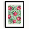 Extra large abstract art print on canvas featuring colorful fruits in a textured style, framed in black.