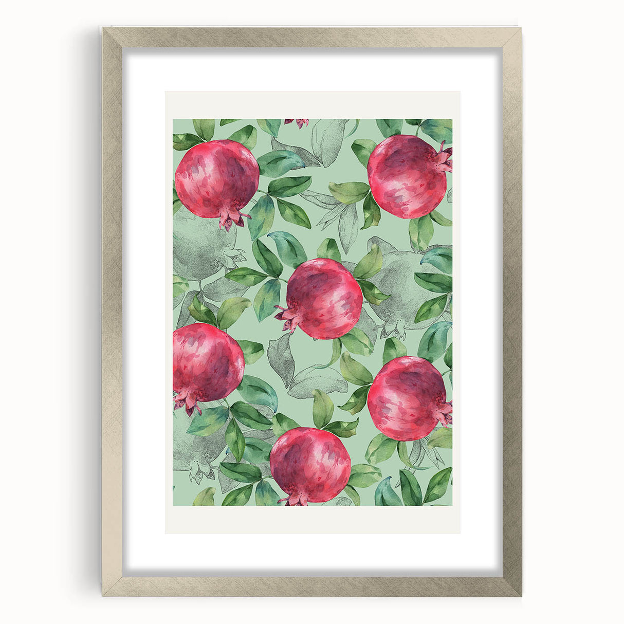 Textured art print featuring abstract depiction of fruits in muted earth tones, framed in silver, ideal for bedroom art.