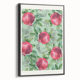 Black and white framed canvas featuring a vintage poster art style landscape with various fruits.