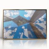 Framed acrylic artwork showcasing a stunning landscape bridge with golden accents, set against a serene natural backdrop, perfect for home decor enthusiasts.