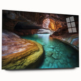 Vibrant acrylic glass landscape artwork of canyons displayed from a side view, showcasing rich earthy tones and intricate details that enhance any modern decor.