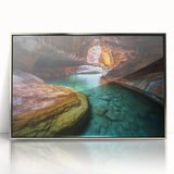 Framed acrylic artwork depicting a stunning landscape of canyons in vibrant colors, showcasing intricate details and textures, ideal for modern home decor.