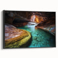 Framed canvas artwork showcasing a stunning landscape of canyons, featuring rich earthy tones and intricate details, set against a sleek black frame for a modern touch. Ideal for enhancing home decor and creating an inviting atmosphere.