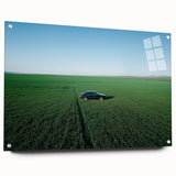 Acrylic landscape artwork displaying a serene countryside scene in vibrant colors, showcased in a glass frame with pins for secure mounting, ideal for home decor.