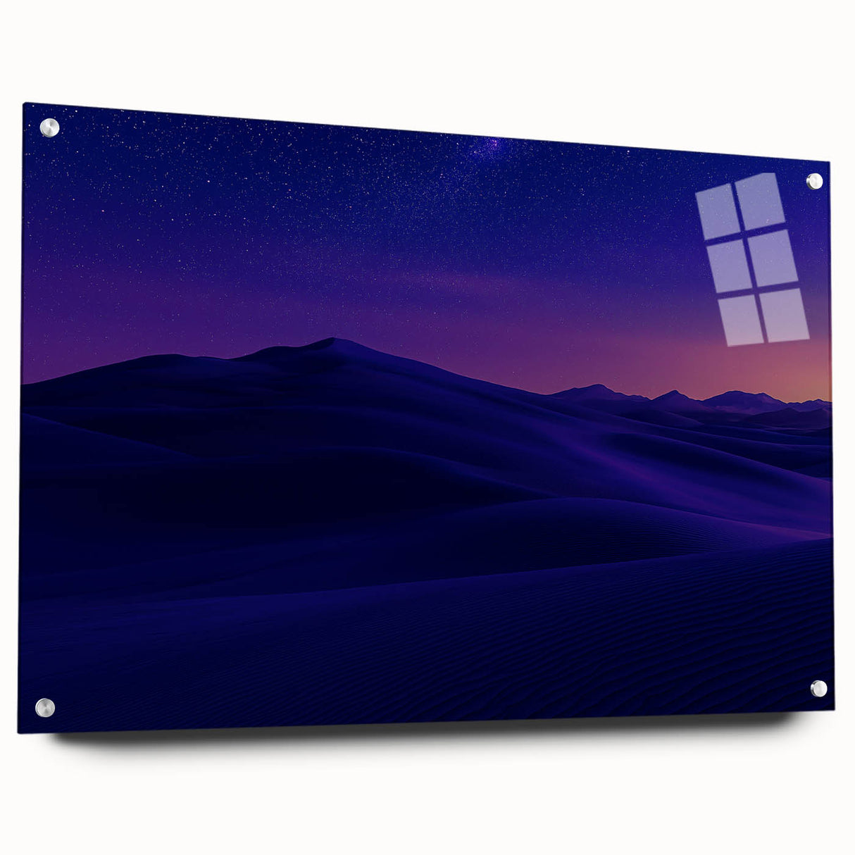 Desert landscape acrylic glass artwork displayed in a sleek side view, featuring vibrant colors and detailed textures, secured with decorative pins for an elegant presentation.