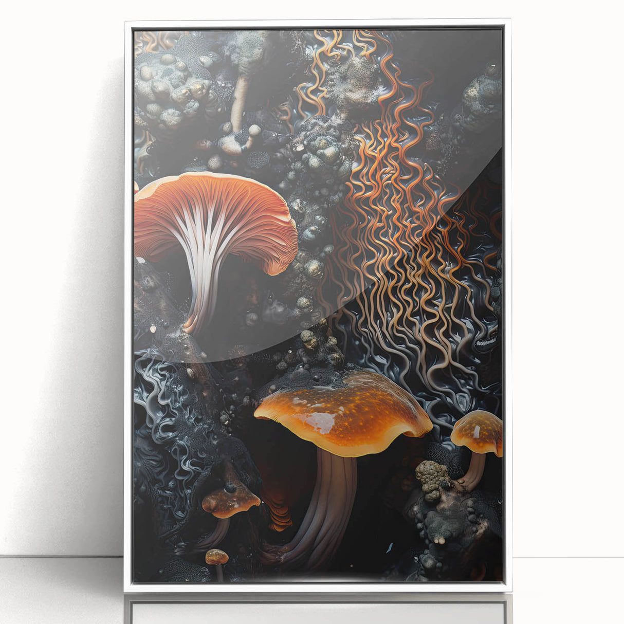 Art deco poster featuring symmetrical natural elements in muted green and white, acrylic print framed in white.