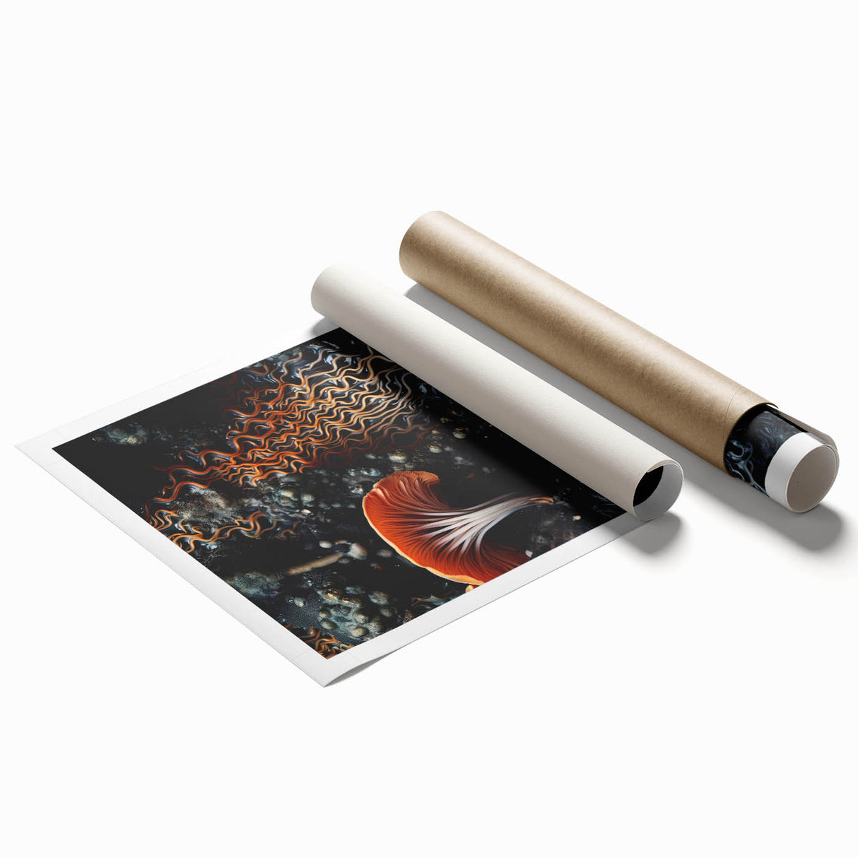 Extra large rolled print featuring close-up floral art in muted natural tones.