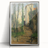 Mid-century modernist art of abstract shapes in muted blues and greens on a silver-framed acrylic.