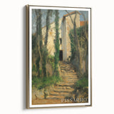 Vintage poster art of a landscape painting on framed canvas, featuring muted earth tones, ideal for bedroom wall decor.