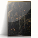 Large art print of a mid-century modernist autumn scene in warm gold tones, framed acrylic, ideal for modern art wall decor.