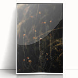 Art deco poster depicting a stylized fall scene in orange and brown tones, framed in white acrylic.
