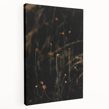 Side view of a large stretched canvas depicting a fall-themed abstract design in warm orange and red tones.