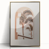 Large acrylic print of a mid-century modernist summer scene in gold and blue tones, suitable for nursery wall decor.