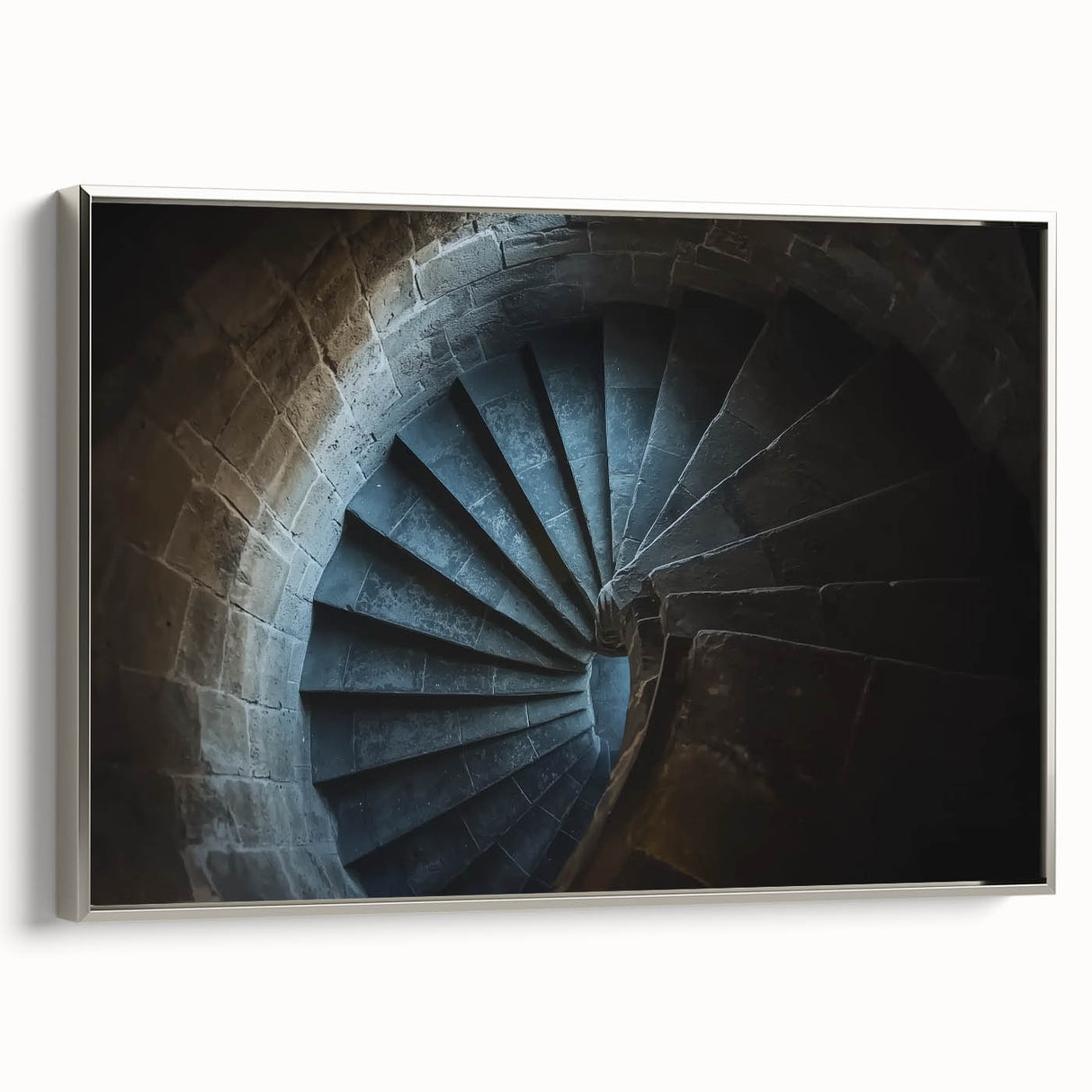 Framed canvas artwork showcasing a stunning landscape scene with a castle set against a serene backdrop, featuring a silver frame that enhances the visual appeal.