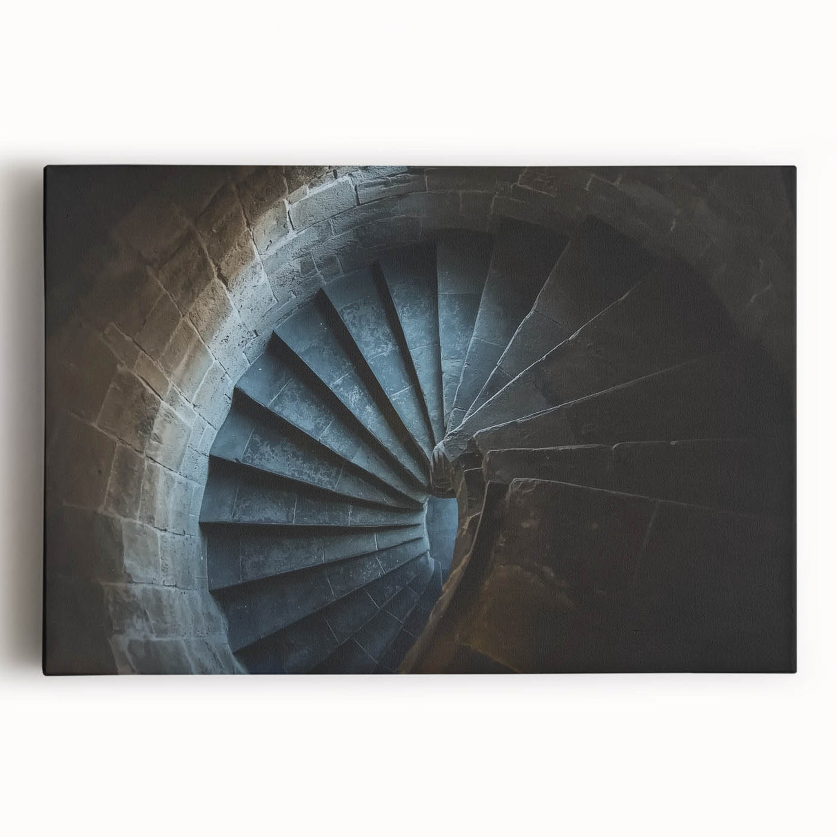 Stretched canvas artwork depicting a picturesque landscape with a majestic castle surrounded by lush greenery and a vibrant blue sky, ideal for home decor.