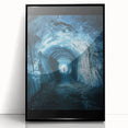 Framed acrylic artwork showcasing a serene landscape scene with cave formations, featuring a sleek black frame and vibrant colors, ideal for home decor.