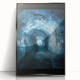 Framed acrylic artwork depicting a stunning landscape with intricate cave formations, featuring a sleek silver frame that enhances the vibrant colors and details.