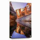 Acrylic glass artwork featuring a vibrant cliff landscape design, displayed from a side view with decorative pins, perfect for modern home decor.