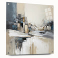 Abstract architectural wall art featuring a modern design on acrylic glass, showcasing vibrant colors and intricate patterns, displayed with decorative pins.