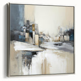 Framed abstract architecture wall art with a silver frame, showcasing geometric designs and contrasting colors, perfect for modern home decor.