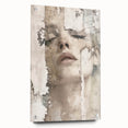 Abstract figurative wall art in vibrant colors displayed in a modern acrylic frame, showcasing a side view with visible mounting pins, ideal for contemporary decor.