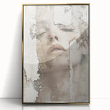 Framed abstract figurative wall art with gold accents, showcasing dynamic shapes and colors against a sleek acrylic background, perfect for modern home decor.