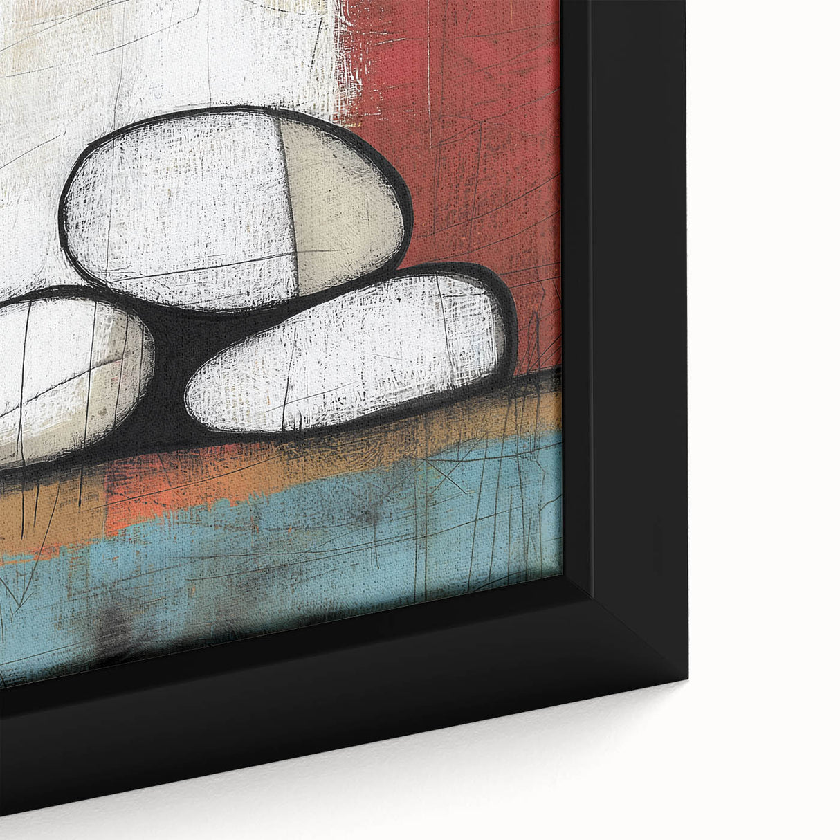 Close-up of an abstract geometric framed canvas featuring intricate shapes in vibrant colors, showcasing modern art design perfect for contemporary decor.