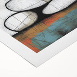 Abstract geometric rolled canvas artwork showcasing vibrant shapes in blue, orange, and yellow hues, elegantly packaged in a protective tube for safe delivery.