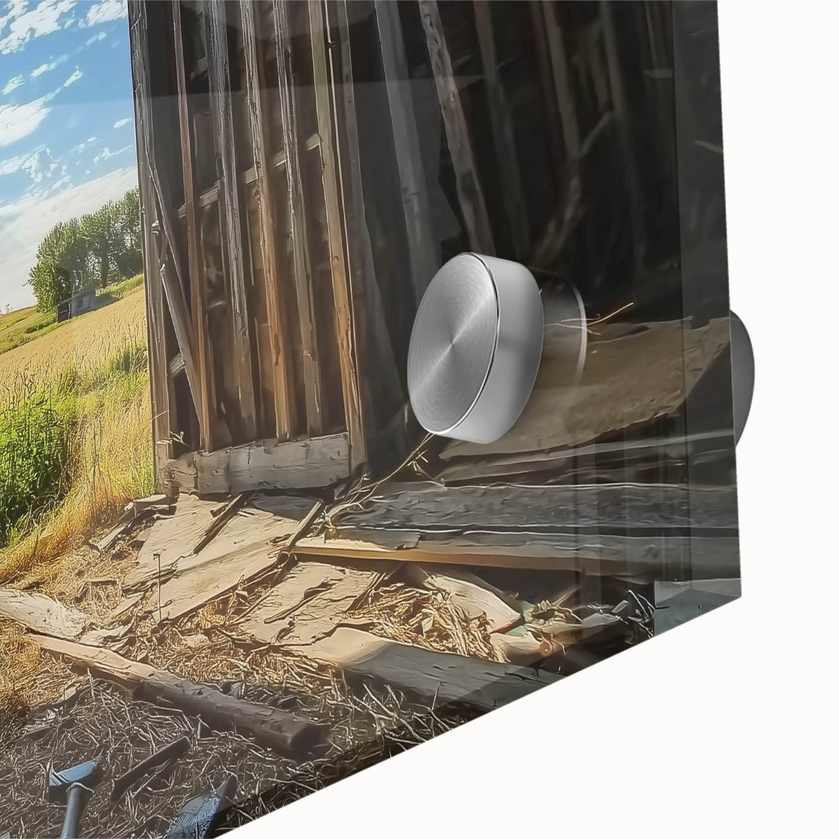 Close-up of a landscape artwork depicting a rustic barn in a serene countryside setting, showcasing vivid colors and intricate details on acrylic glass. Perfect for home decor enthusiasts seeking nature-inspired designs.