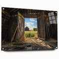 Acrylic glass landscape artwork showcasing a rustic barn scene, viewed from the side with decorative pins. Ideal for country-themed home decor or art collectors.